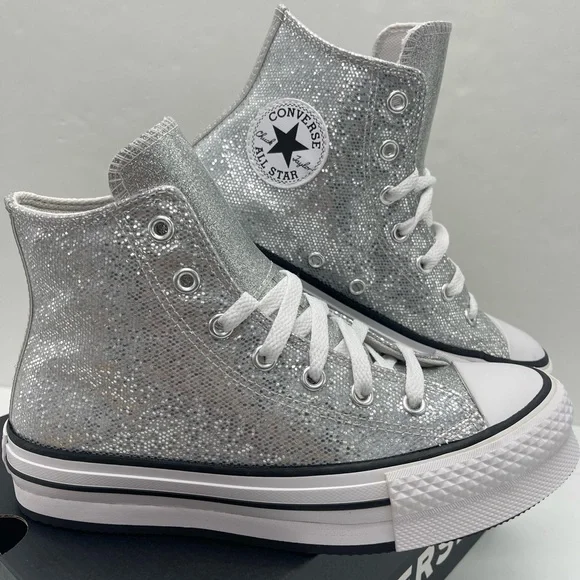 Converse CTAS EVA LIFT HI Chuck Taylor All Star High Top Sneakers Silver Glitter - Picture 8 of 16